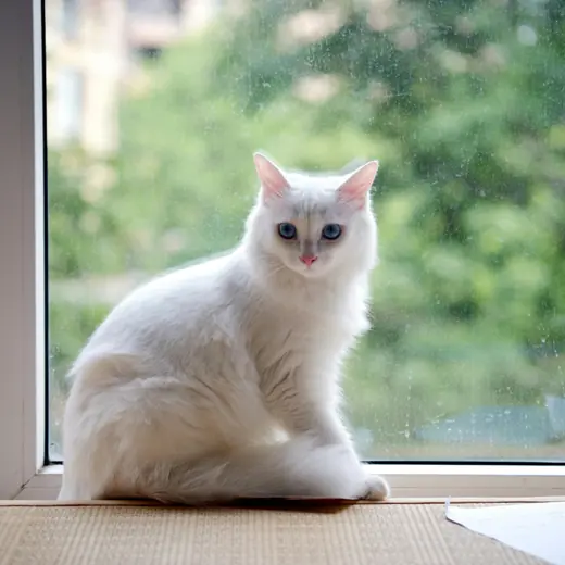 White long-haired cat sitting on a sunlit windowsill